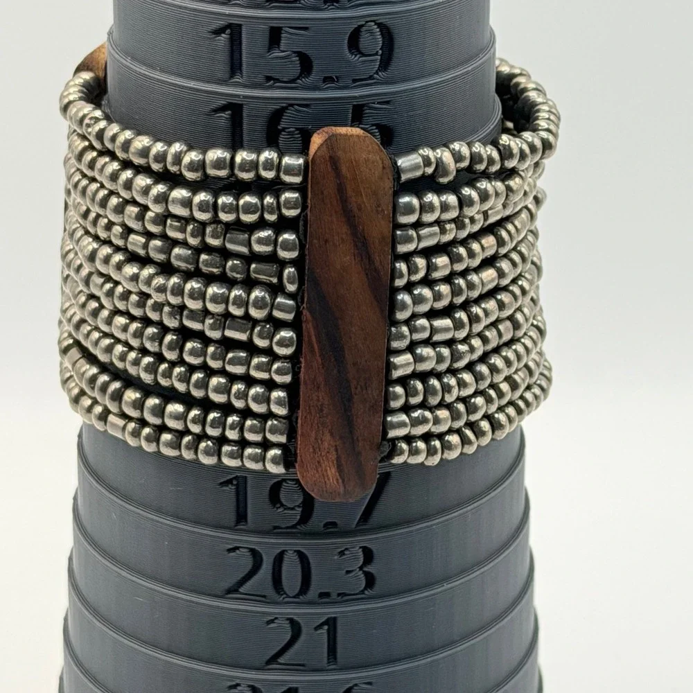Silver Tone Multi Strand Beaded Wood Stretch Bracelet Boho Artisan Festival